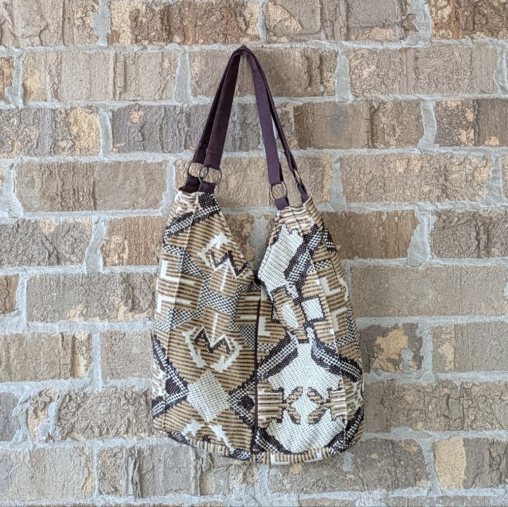 Neutral Geometric Woven Hobo Bag with Brown Straps